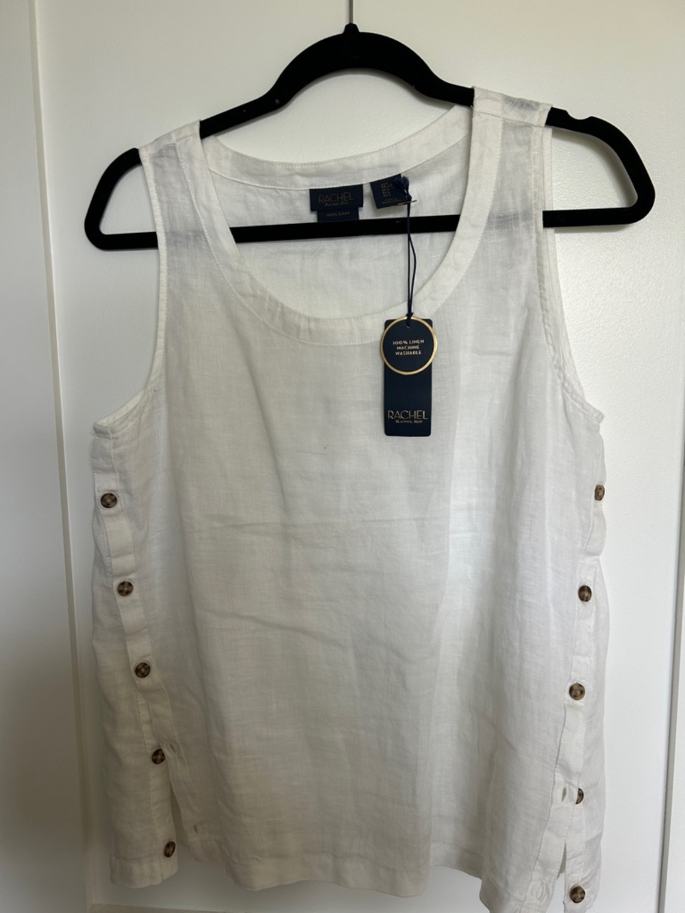 Rachel White Linen Scoop Neck Tank with Side Buttons